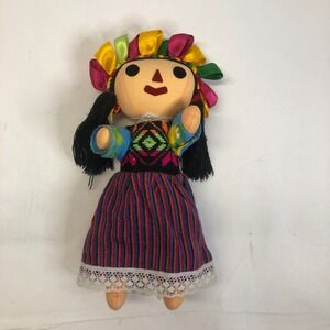 Mexican Rag Doll Colorful Dress Ribbon Headdress Folk‎ Art Souvenir 11 Inch